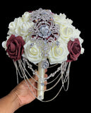 RT003~ Cascade Burgundy & Ivory Real touch Roses Brooch