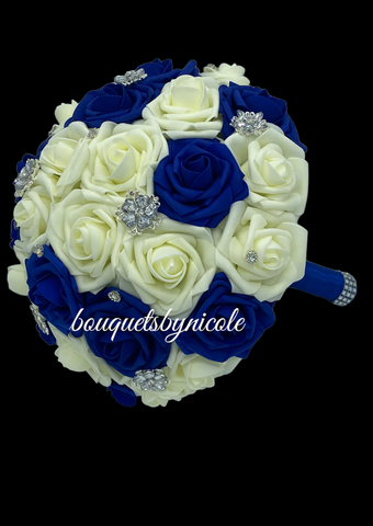 RT08 ~ Royal Blue Ivory Real Touch Roses Brooch Bouquet or DIY KIT