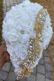 CAS06 ~ Ivory & Gold Cascade Real Touch Roses Brooch Bouquet