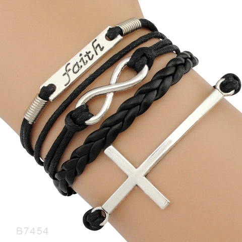 Faith Believe Fearless Bracelets Infinity Love Courage Jesus Loves Me Forgiven Sideways Cross Christian Leather Bracelets