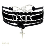 Infinity Love Silver Faith Believe Fearless Courage Jesus Loves Me Forgiven Sideways Cross Christian Leather Bracelets for Women