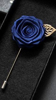Navy Fabric Rose Flower Boutonniere, Lapel Pin Formal Wear Wedding Prom BOUT-300