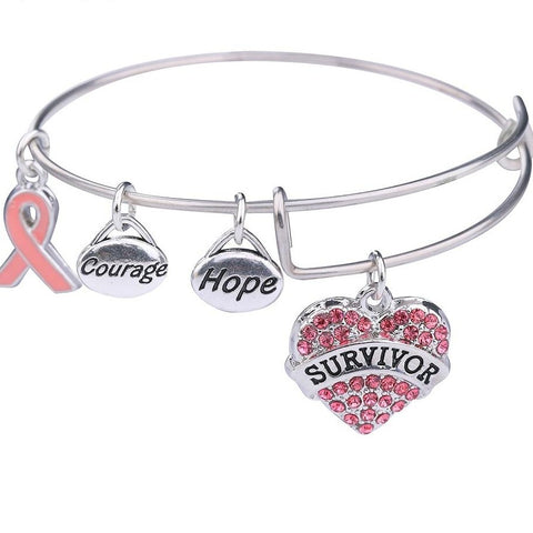 Pink Ribbon Breast Cancer Survivor & Crystal Hope Charm Bracelet DIY Wire Bangle