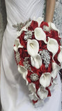CAL~Red Cascade Silk Roses Real Touch Calla Lilies Brooch Bouquet