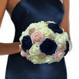 RT07 ~ Navy Blue Blush Ivory Real Touch Roses Brooch Bouquet or DIY KIT