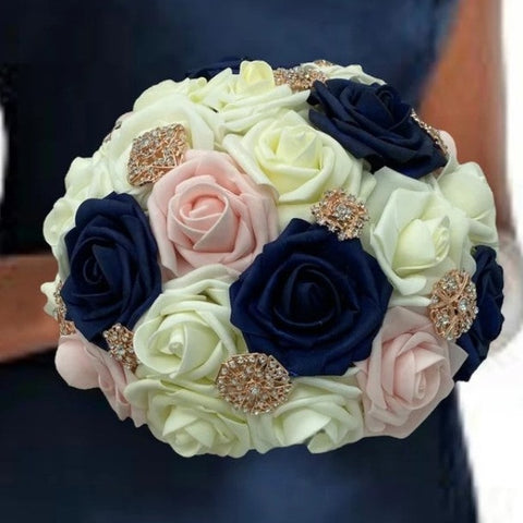 RT07 ~ Navy Blue Blush Ivory Real Touch Roses Brooch Bouquet or DIY KIT