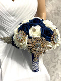 SARI ~ Navy White Real Touch Roses Brooch Bouquet or DIY KIT