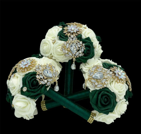 BM-009 ~ Dark Green & Ivory Satin Roses Budget Brooch Bouquet or